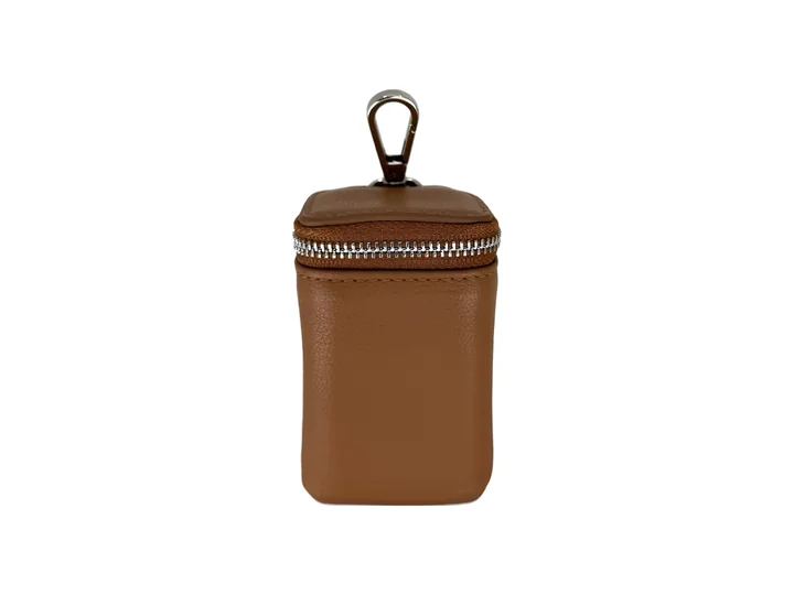 Cognac Goatskin Poop Bag Holder, silver finish: luxury goatskin poop bag holder