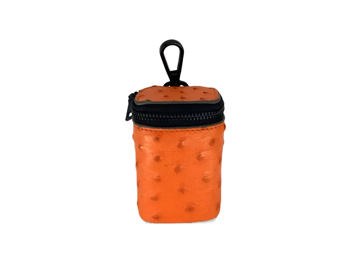 Sunset Orange Ostrich Poop Bag Holder, black finish: luxury ostrich poop bag holder