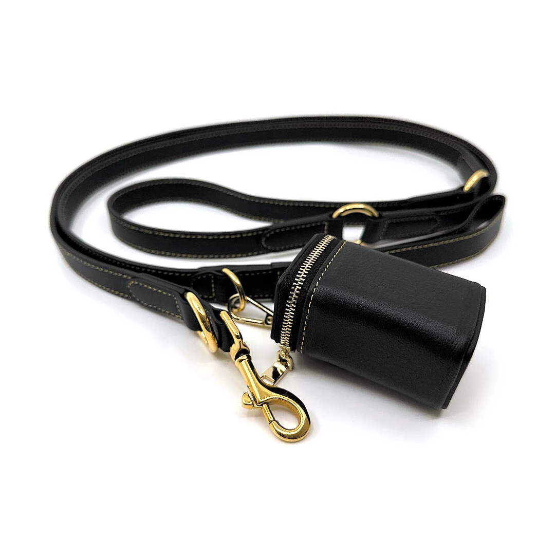 Black Goatskin 7 ft Leash & Poop Bag Holder Set, gold finish: luxury goatskin dog leash and poop bag holder set