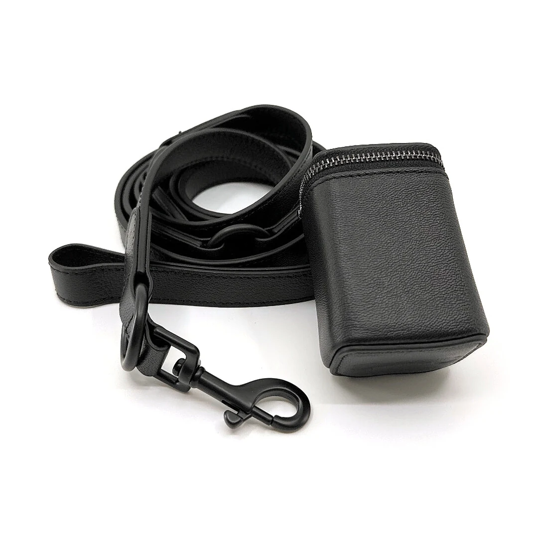 Black Goatskin 7 ft Leash & Poop Bag Holder Set, matte black finish: luxury goatskin dog leash and poop bag holder set