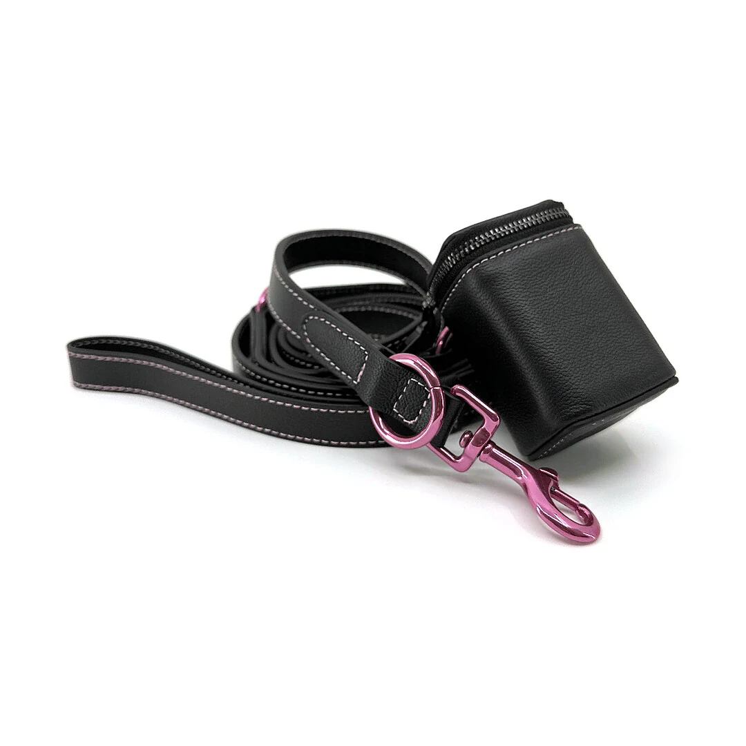 Black Goatskin 7 ft Leash & Poop Bag Holder Set, pink finish: luxury goatskin dog leash and poop bag holder set