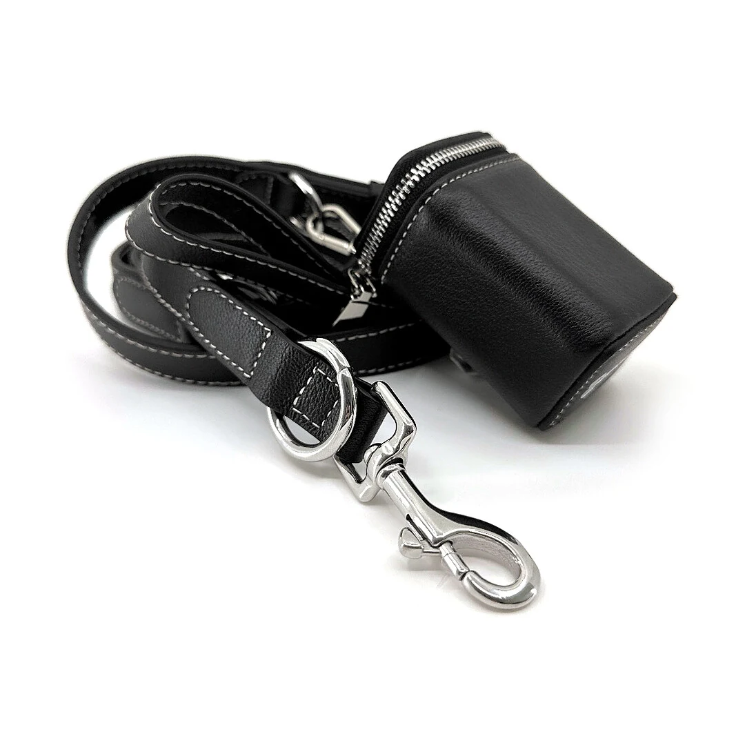 Black Goatskin 7 ft Leash & Poop Bag Holder Set, silver finish: luxury goatskin dog leash and poop bag holder set