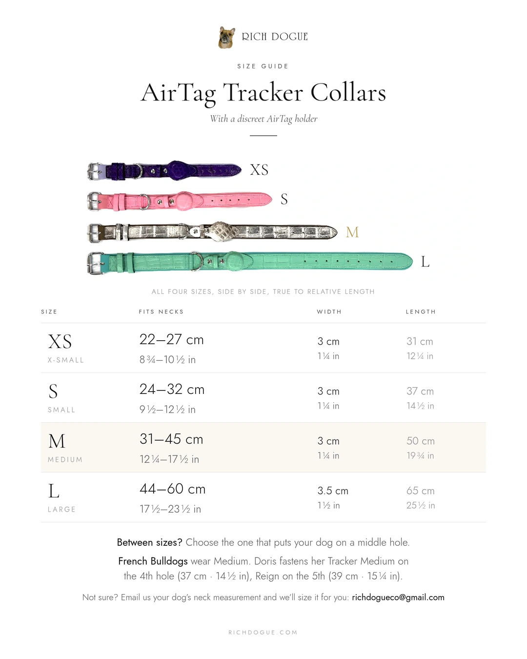 AirTag tracker collar sizes XS to L: neck fit, width and length