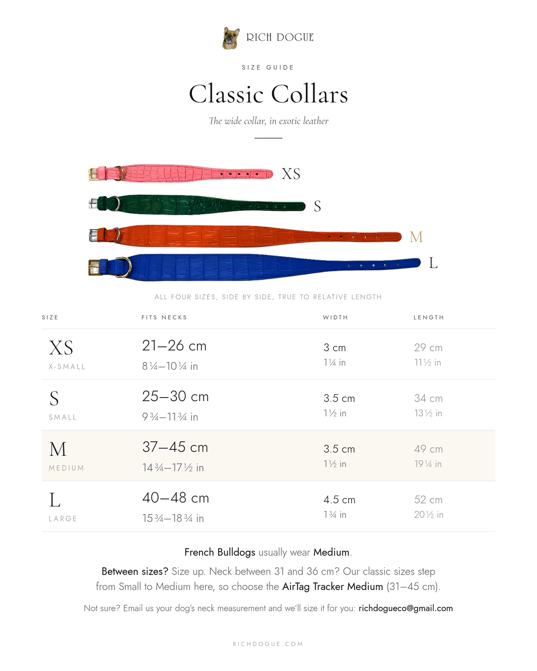 Classic collar sizes XS to L: neck fit, width and length