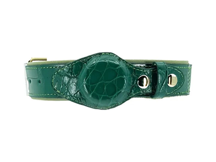 Green Crocodile Tracker Collar, gold finish: luxury crocodile AirTag dog collar