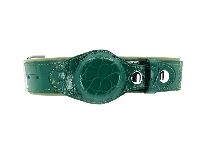 Green Crocodile Tracker Collar, silver finish: luxury crocodile AirTag dog collar