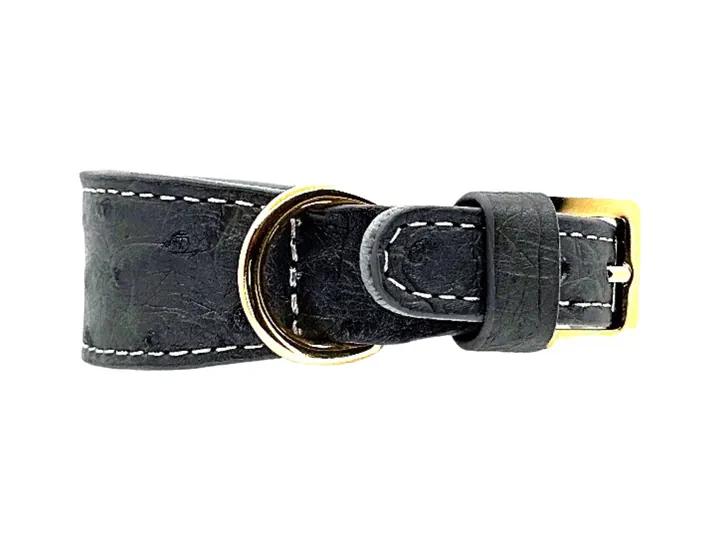 Grey Ostrich Collar, gold finish: luxury ostrich leather dog collar
