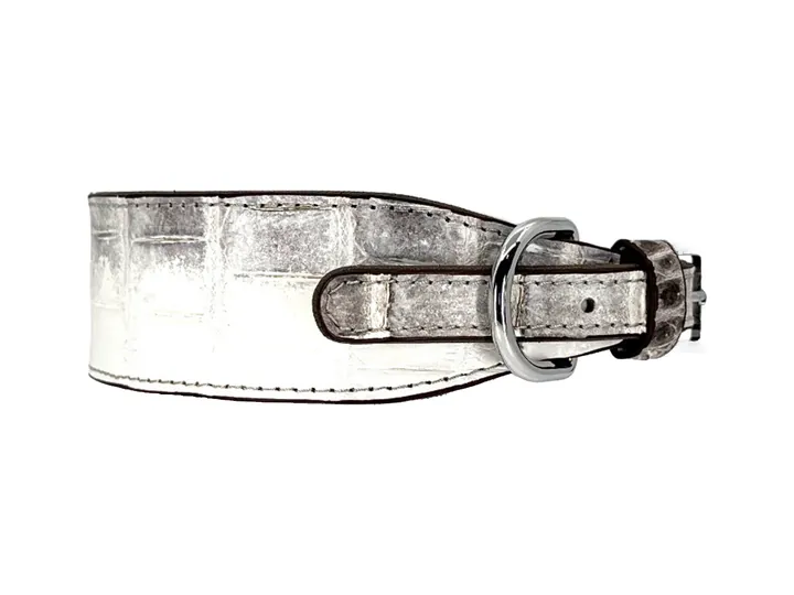 Himalayan Crocodile Collar, silver finish: luxury crocodile leather dog collar