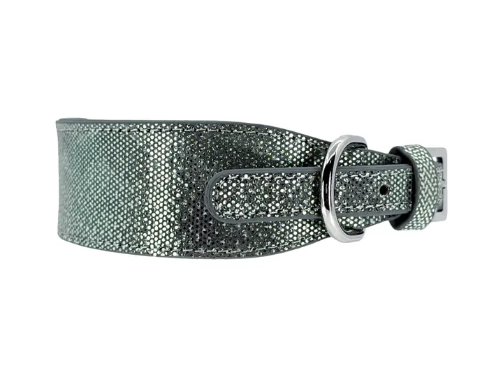 Iridescent Dark Green Water Snake Collar, silver finish: luxury water snake leather dog collar