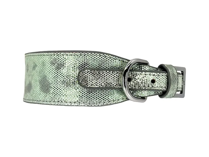 Iridescent Green Water Snake Collar, silver finish: luxury water snake leather dog collar