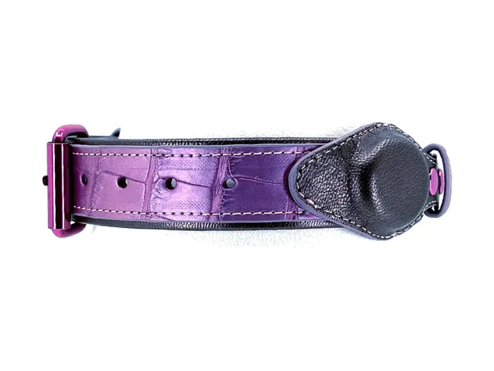 Iridescent Pink Crocodile Tracker Collar, pink finish: luxury crocodile AirTag dog collar