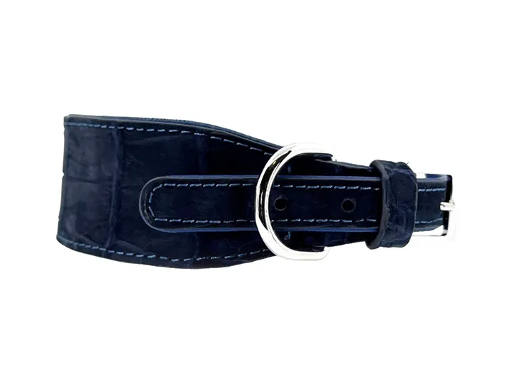 Marine Blue Suede-Finish Crocodile Collar, silver finish: luxury crocodile leather dog collar