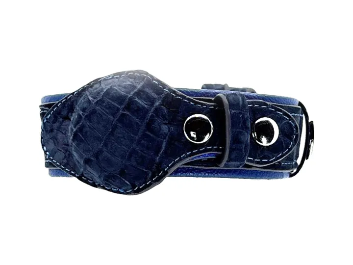 Marine Blue Suede-Finish Crocodile Tracker Collar, silver finish: luxury crocodile AirTag dog collar