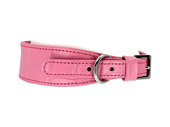 Pink Crocodile Collar, silver finish: luxury crocodile leather dog collar