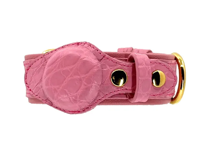 Pink Crocodile Tracker Collar, gold finish: luxury crocodile AirTag dog collar