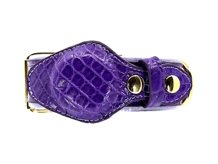Purple Crocodile Tracker Collar, gold finish: luxury crocodile AirTag dog collar