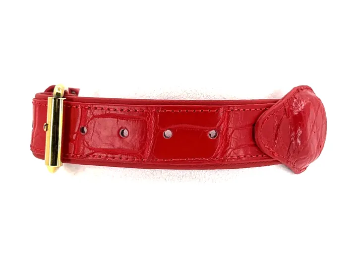 Red Crocodile Tracker Collar with gold hardware, side view with the pocket closed