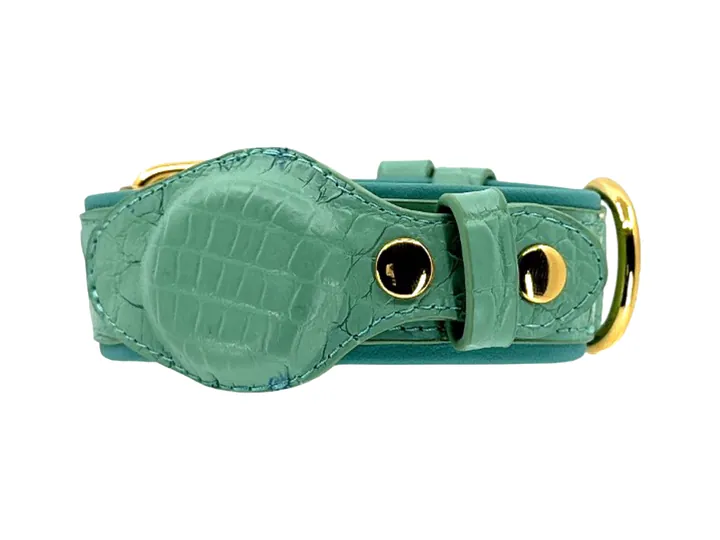 Teal Blue Crocodile Tracker Collar, gold finish: luxury crocodile AirTag dog collar