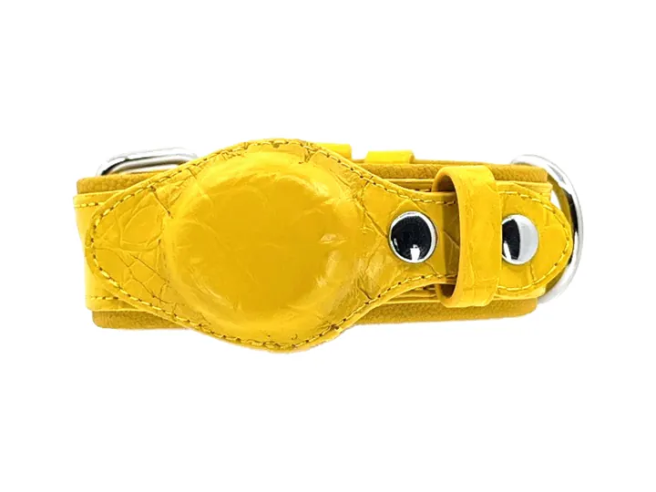 Yellow Crocodile Tracker Collar, silver finish: luxury crocodile AirTag dog collar